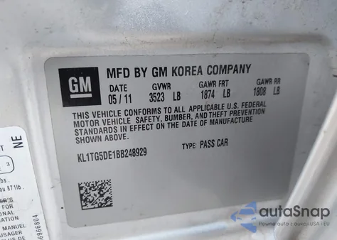 2011 Chevrolet Aveo 2Lt z USA, uszkodzony, nr VIN KL1TG5DE1BB248929